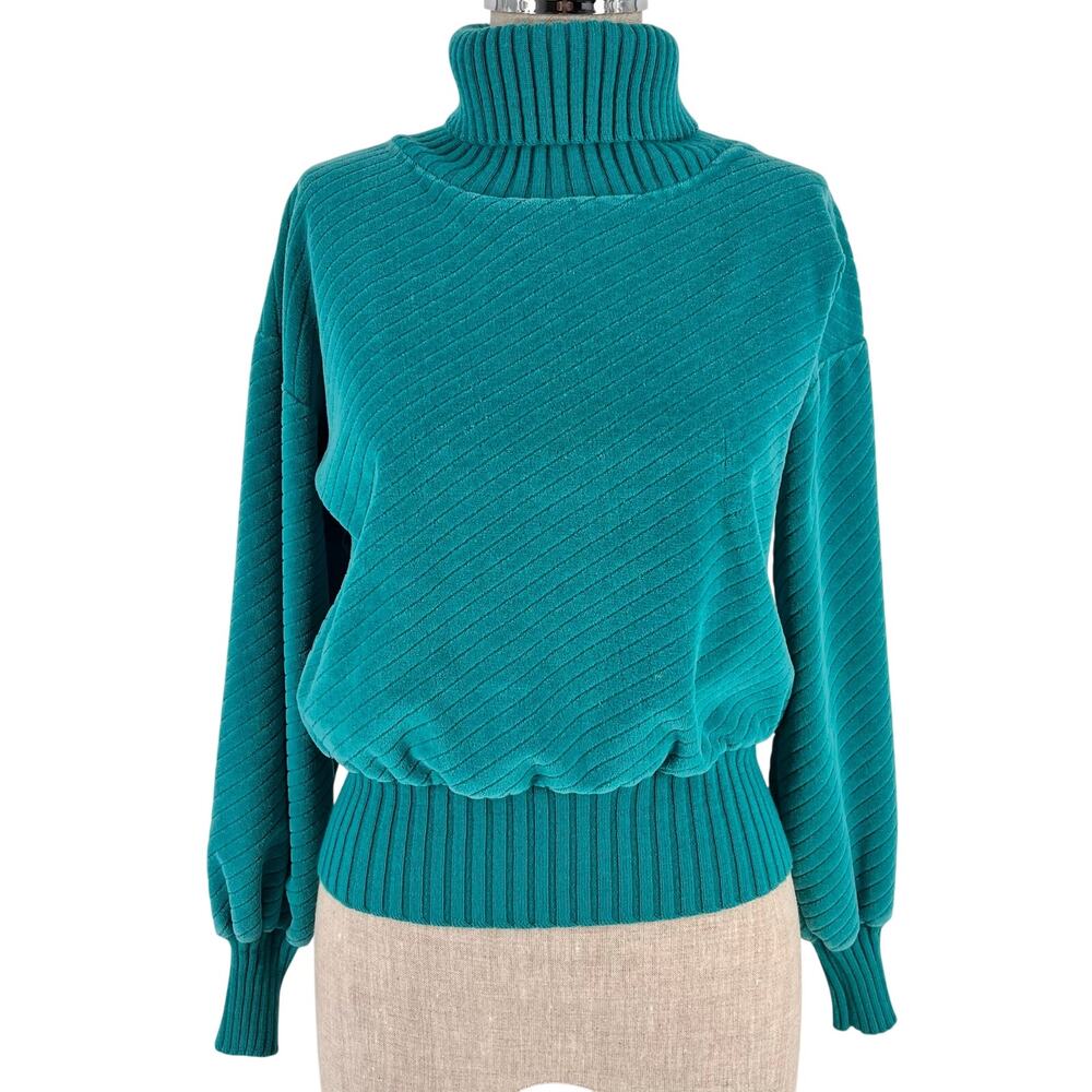 Vintage 70s Teal Velour Turtleneck Sweater 1970s